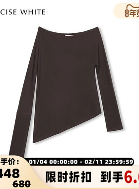 CONCISE-WHITE简白潮流不规则斜边荡领长袖T恤上衣银泰 301257