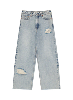 RECTO 秋冬新款女士时尚休闲简约破洞阔腿牛仔裤银泰百货精品