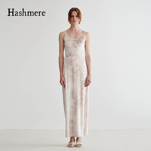 HASHMERE女士优雅薄款丝绒波斯印花斑驳光泽吊带背心长裙 301612