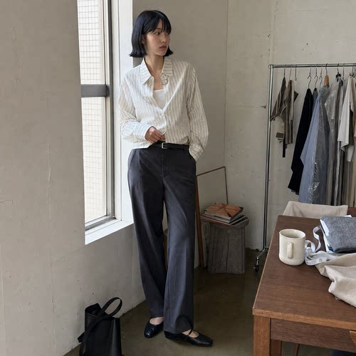 新款女士长袖条纹翻领衬衫