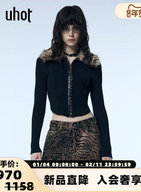 uhot/诱货秋冬新款女士毛领拉链短款针织开衫银泰百货 301590