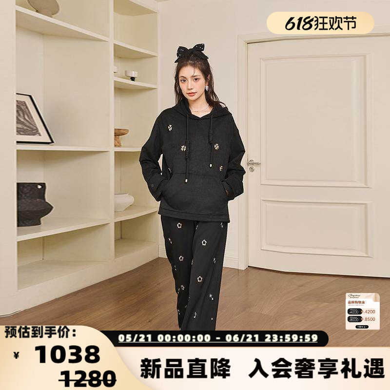 Three Quarters 24秋冬灰粉色麂皮绒宽松连帽卫衣百搭帽衫 301355