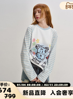 SOFITTE 25新款女士趣味印花插肩袖条纹长袖T恤银泰百货 301355