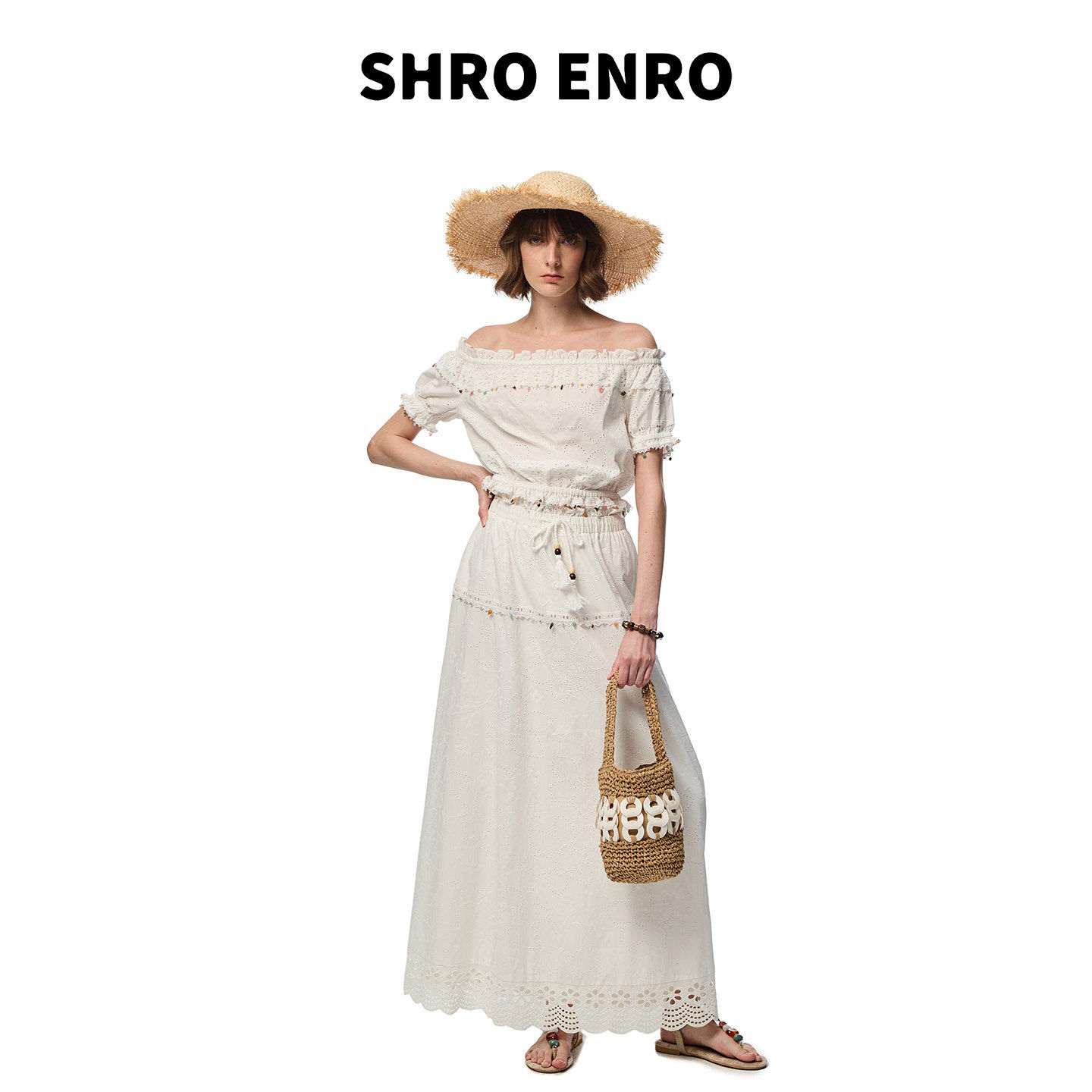 SHRO ENRO26春夏女士法式度假风蕾丝拼接镂空半身裙 银泰 301469