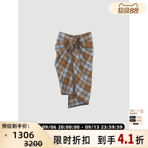 SJYP女士夏季小众设计羊毛不对称扭结格纹后拉链半裙 银泰 301604