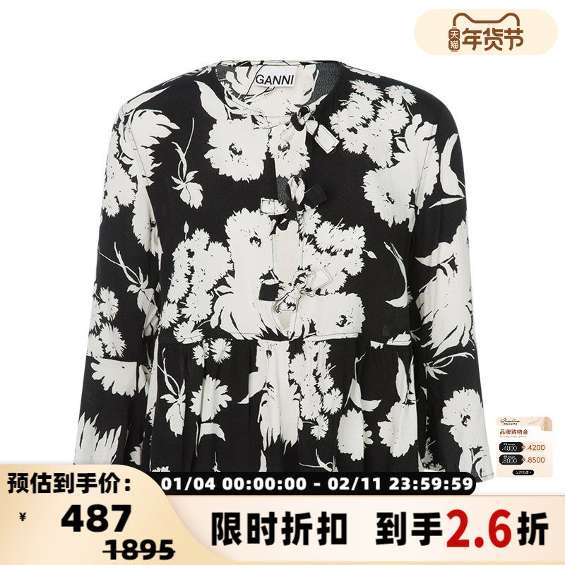 GANNI春季新款法式黑白花卉圆领系带收腰喇叭袖女上衣银泰百货,女装/女士精品,衬衫,淘宝优惠券,粉丝福利购,淘宝优惠卷