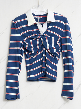 pushBUTTON 潮流复古女士条纹结饰长袖polo衫银泰百货精品 301596