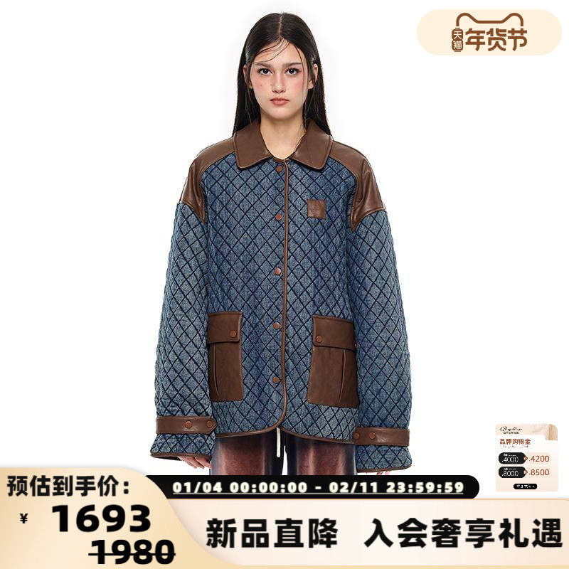 ANDREA MARTIN 秋冬女士蓝色菱格牛仔拼皮外套银泰百货301489,女装/女士精品,短外套,淘宝优惠券,粉丝福利购,淘宝优惠卷