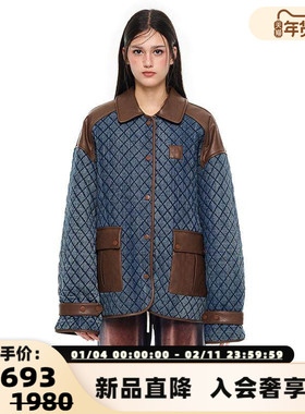 ANDREA MARTIN 秋冬女士蓝色菱格牛仔拼皮外套银泰百货301489