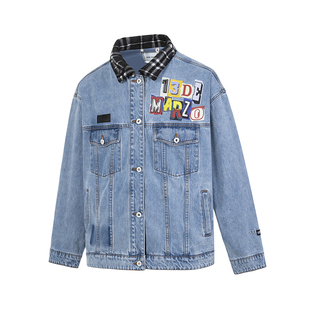 300178 男女同款 13DEMARZO 格纹领拼接子母涂鸦立体小熊牛仔夹克