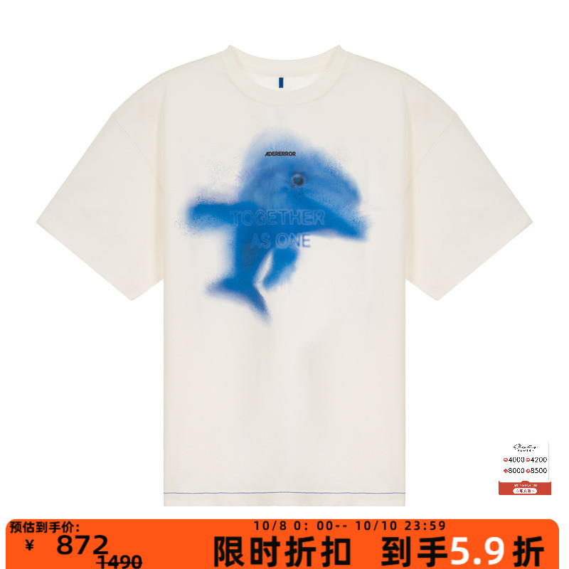 ADER ERROR新款男士海豚图案印花圆领短袖T恤银泰百货 301574