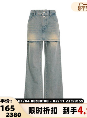 【断码】YCH秋女士假两件设计做旧水洗直筒牛仔裤301574