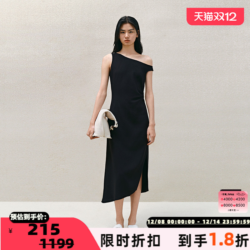 掐褶开衩斜下摆中长款连衣裙