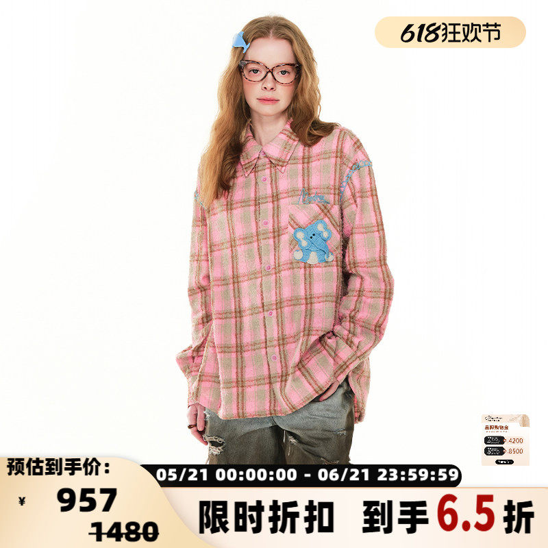 ANDREA MARTIN 春季新款女士粉色毛圈格子破洞大象钩织衬衫301489