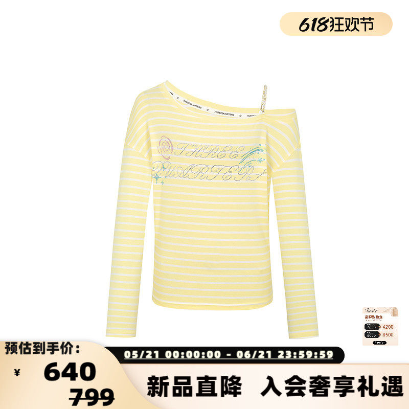 ThreeQuarters26春夏条纹亚麻烫钻斜肩珍珠链条T恤银泰百货301355
