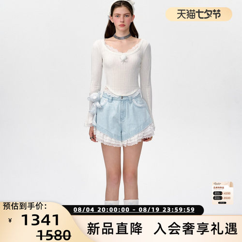 13 DE MARZO女士春夏新品甜美风小熊蕾丝牛仔短裤银泰百货 300178