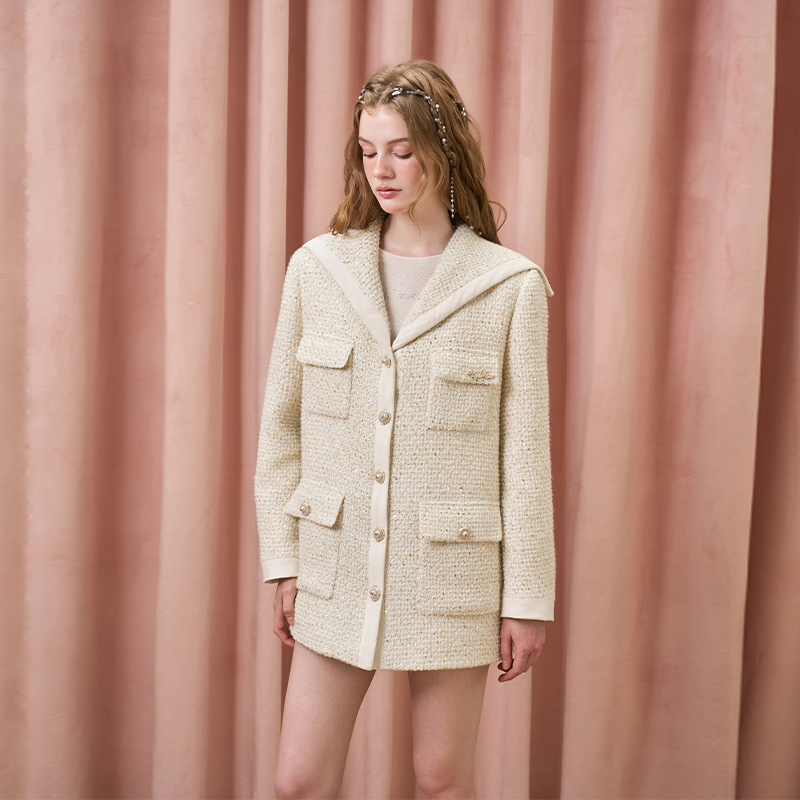 Three Quarters 女士米色学院海军领90鸭绒小香粗花呢外套 301355