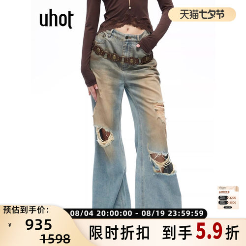 UHOT 26春夏新款女士破洞做旧休闲牛仔裤银泰百货 301590