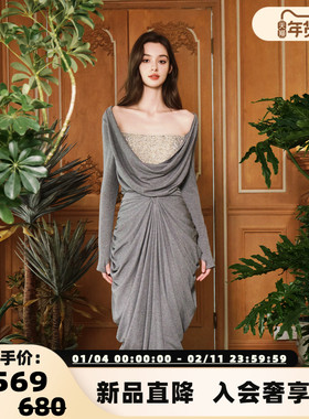 FLONAKED 秋冬新款羊毛软雕塑立体裁褶修身半裙银泰百货 300170