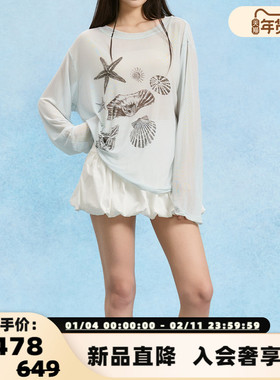 Sofitte 春夏新款女士网纱海洋素描印花罩衫T恤上衣银泰 301355
