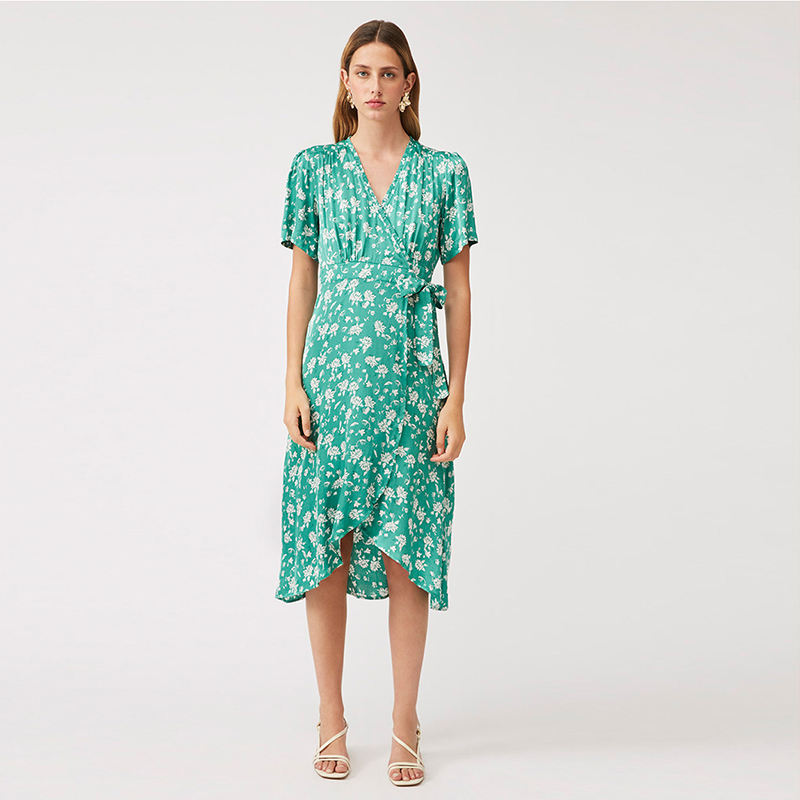 SUNCOO 女士日常休闲花卉图案排列设计短袖连衣裙中长裙