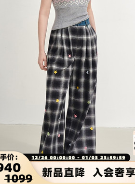 SOFITTE 25新款女士牛仔腰头印花格纹阔腿休闲裤银泰百货 301355