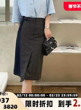 pushBUTTON 春夏款女士格纹拼接半身裙银泰百货精品 301596