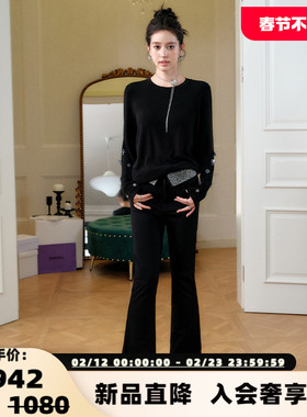 Three Quarters 女士黑色显瘦烫钻弹力修身马蹄裤银泰百货 301355