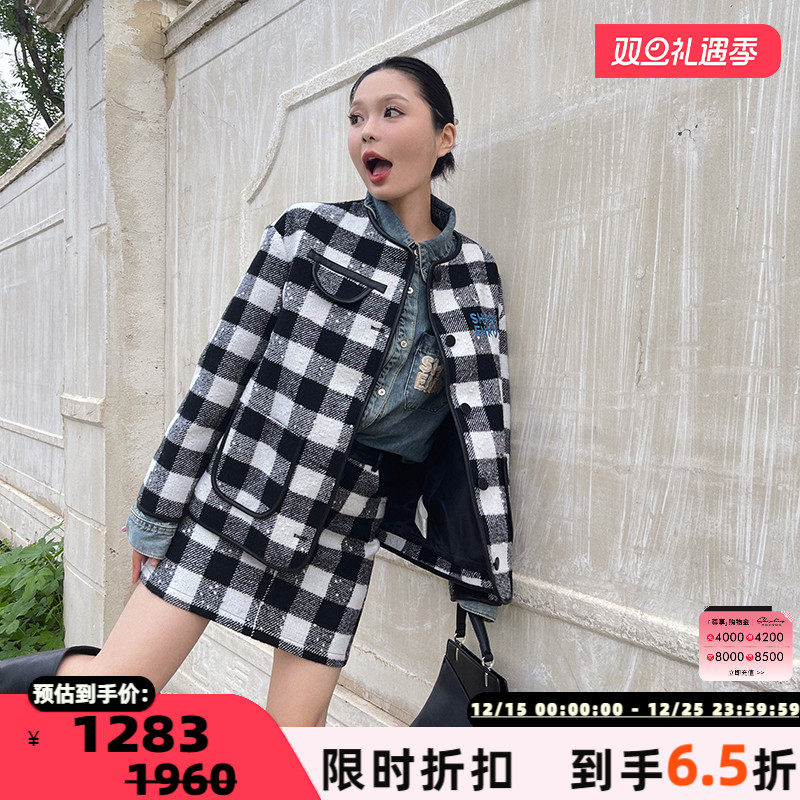 SHROENRO羊毛格纹拼皮外套