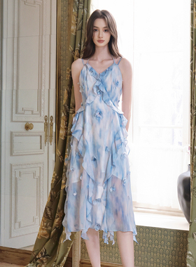 FLONAKED 25新款烟雾印花立体花朵吊带连衣裙银泰百货 300170