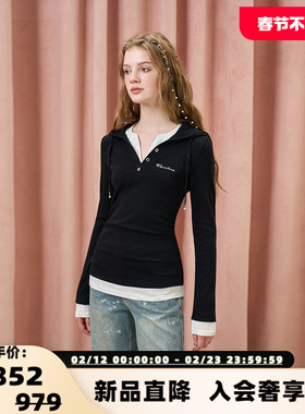 Three Quarters 女士细闪灰假两件连帽打底衫银泰百货精品 301355