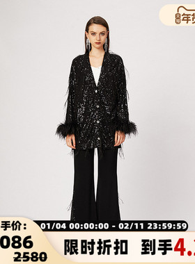 FLONAKED 黑色银河亮片鸵鸟毛宽松针织外搭  300170