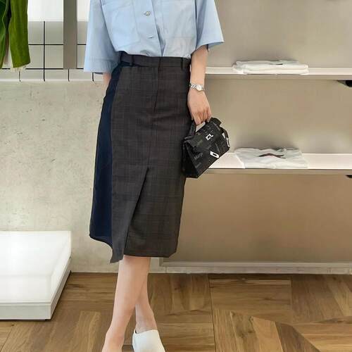 pushBUTTON 春夏款女士格纹拼接半身裙银泰百货精品 301596