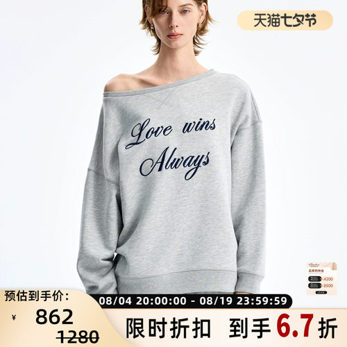 concise-white/简白 秋冬女士刺绣一字肩卫衣上衣银泰百货 301257