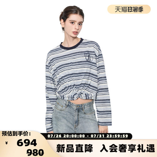 Valeria Obbaco26春夏新款女士条纹扭结短款长袖T恤衫银泰301582