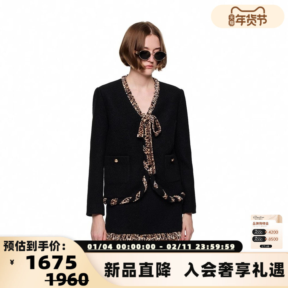 SHRO ENRO 秋冬新款女士豹纹拼接小香风羊毛外套银泰百货 301469,女装/女士精品,短外套,淘宝优惠券,粉丝福利购,淘宝优惠卷