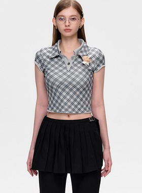 13DE MARZO 25春夏女士双层Polo领修身复古格纹短款T恤 300178