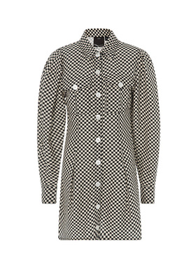 【折扣】C/MEO 黑色/米黄色棋盘格女士休闲单排扣衬衫款连衣裙