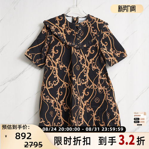 GANNI 日常通勤女士娃娃领印花短袖连衣裙银泰百货精品 301596