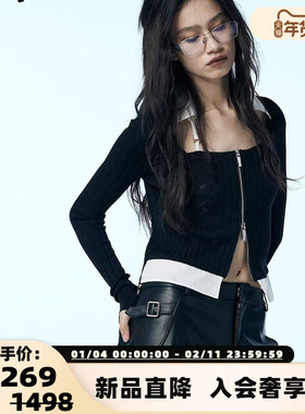 uhot/诱货秋冬新款黑白撞色镂空修身针织开衫银泰百货 301590