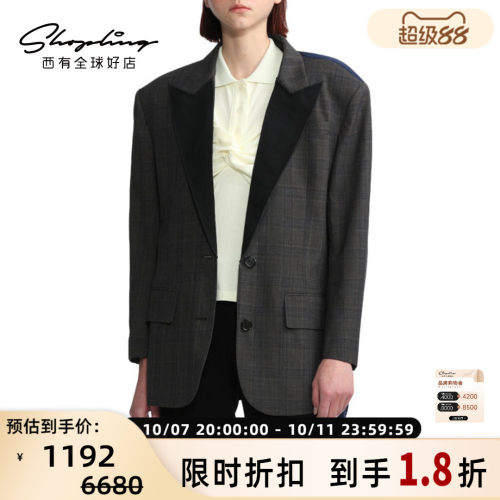 Pushbutton 职场高端女士不规则格纹拼接西装外套银泰百货 301596