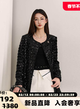 Three Quarters 女士黑色重工亮片圆领小香外套银泰百货 301355