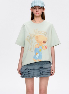 13DE MARZO 男女同款25春夏新款跳绳小熊百搭宽松圆领T恤 300178