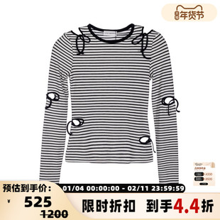 SHORT SENTENCE短句女士条纹破洞圆领长袖T恤银泰百货 301574