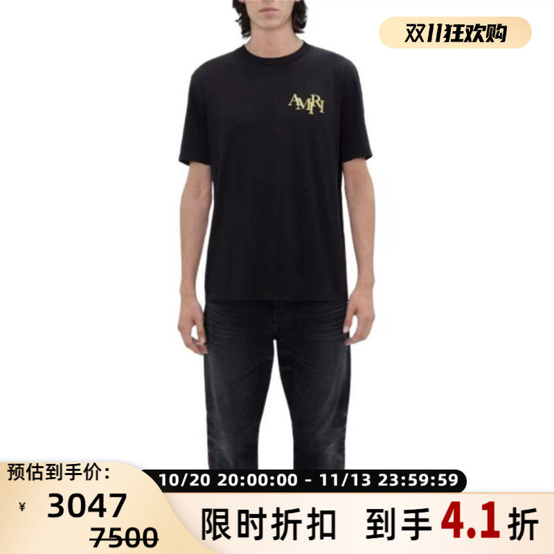 AMIRI 男士logo印花水钻休闲舒适圆头套头短袖T恤银泰百货 301604