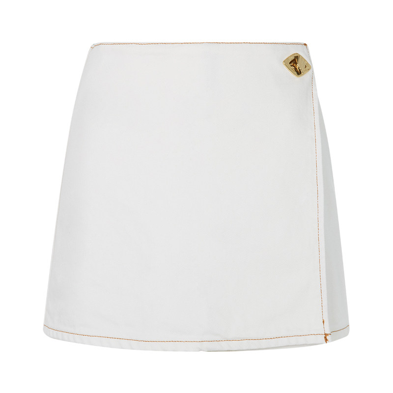 【折扣】GANNI 春夏白色棉质简约复古金属扣装饰女士A字半身短裙