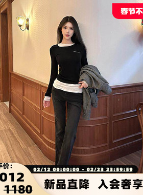 three quarters 秋冬女士复古加绒显廋微辣牛仔长裤银泰 301355