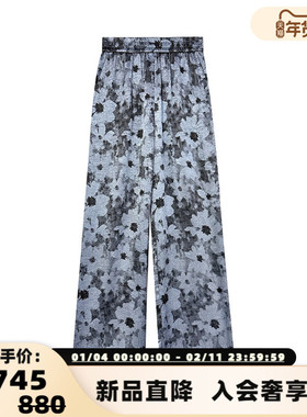 FLONAKED 25春夏女士雾霾蓝色印花松紧腰直筒长裤300170
