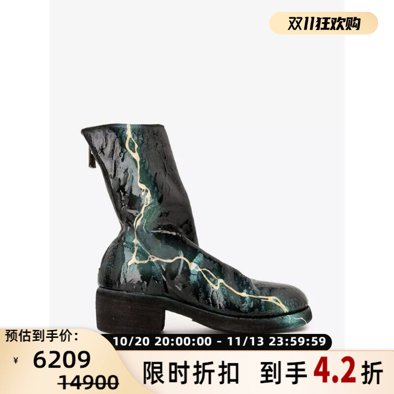 GUIDI女士马皮革涂鸦花色圆头粗跟中筒靴子皮靴银泰百货 301604