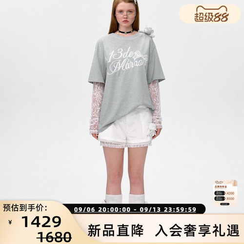 13 DE MARZO女士春夏新款拼接蕾丝小熊假两件T恤 银泰百货 300178